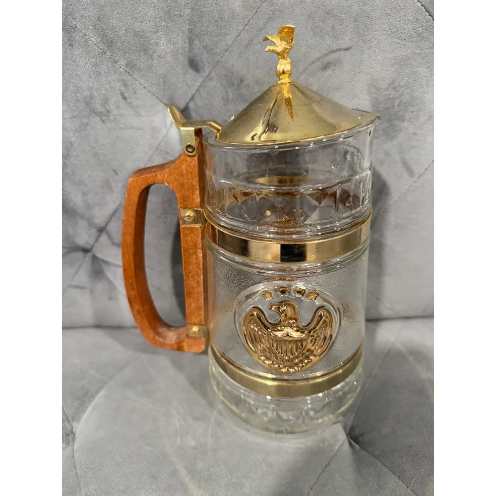 Vintage Glass Beer Stein‎ with Eagle Emblem Gold Trim Wood Handle Hinged Lid